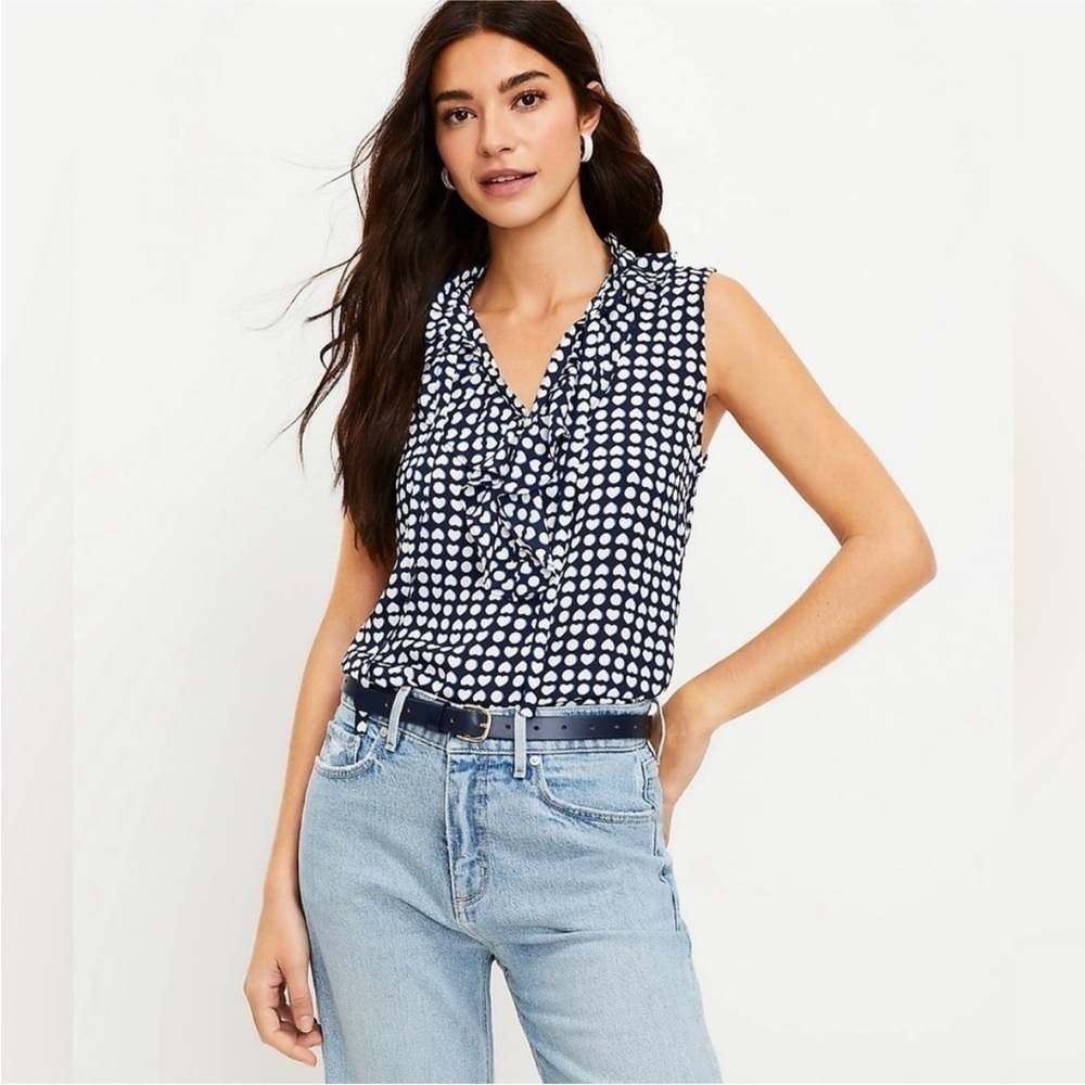 LOFT Heart and Circle Print Ruffle Tie Neck Mixed Media Blouse